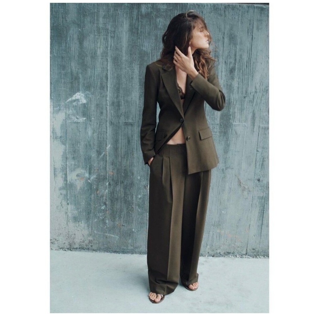 Zara Fitted Single Breasted Blazer Wool Blend Dark Olive Green Medium